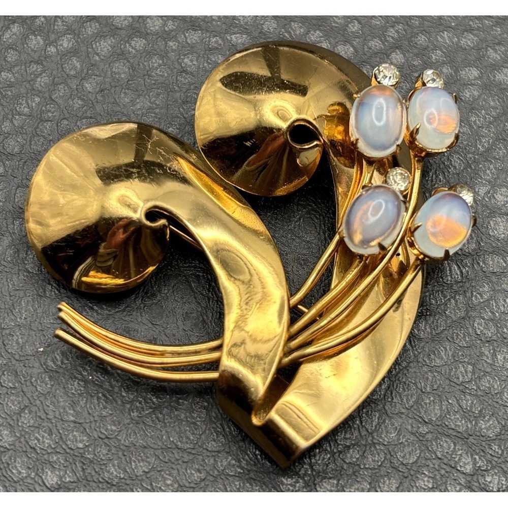 Vintage Coro Pegasus Faux Opal Glass Rhinestone Floral Brooch Modernist